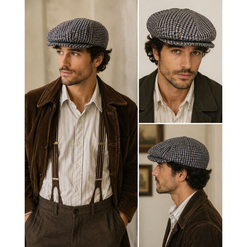 Vintage Made in USA Houndstooth Newsboy Cap Large 7¼–7⅜ Wool Blend Ivy Flat Cap